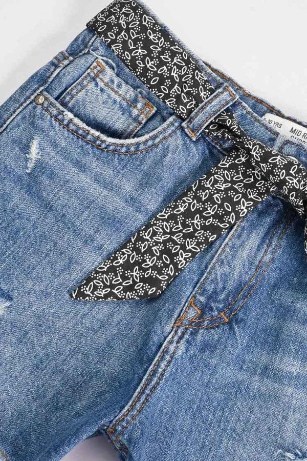 Elo D&Co Girl's Distressed & Belt Style Denim Shorts Blue