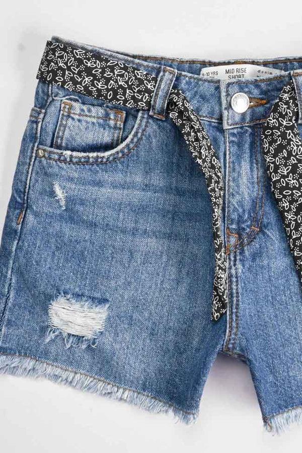 Elo D&Co Girl's Distressed & Belt Style Denim Shorts Blue