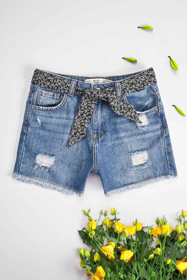 elo D&Co Girl's Distressed & Belt Style Denim Shorts Blue