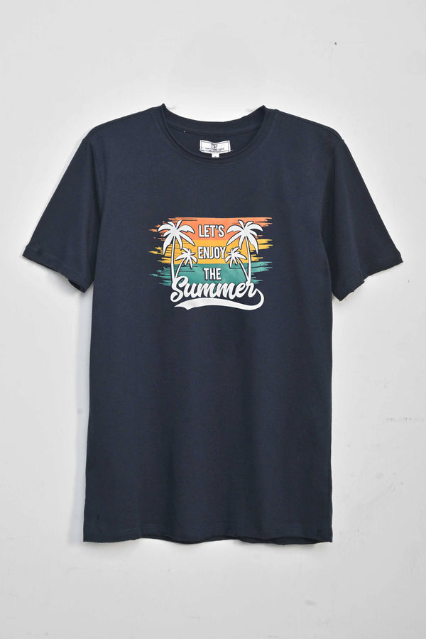 Elo Don't Think Twice Men's Let's Enjoy The Summer Printed Crew Neck Tee Shirt Navy