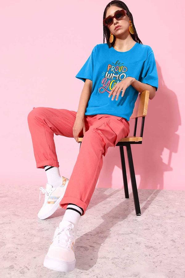 elo East West Women's Be Proud Of Who You Are Printed Short Sleeve Tee Shirt Aqua Blue