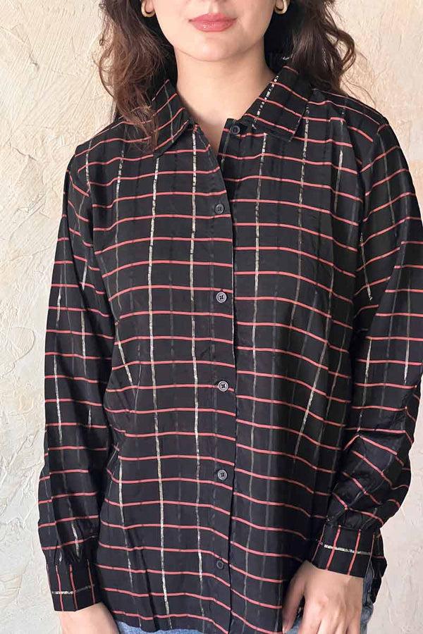 Elo East West Women's Check Design Button Down Casual Shirt Black
