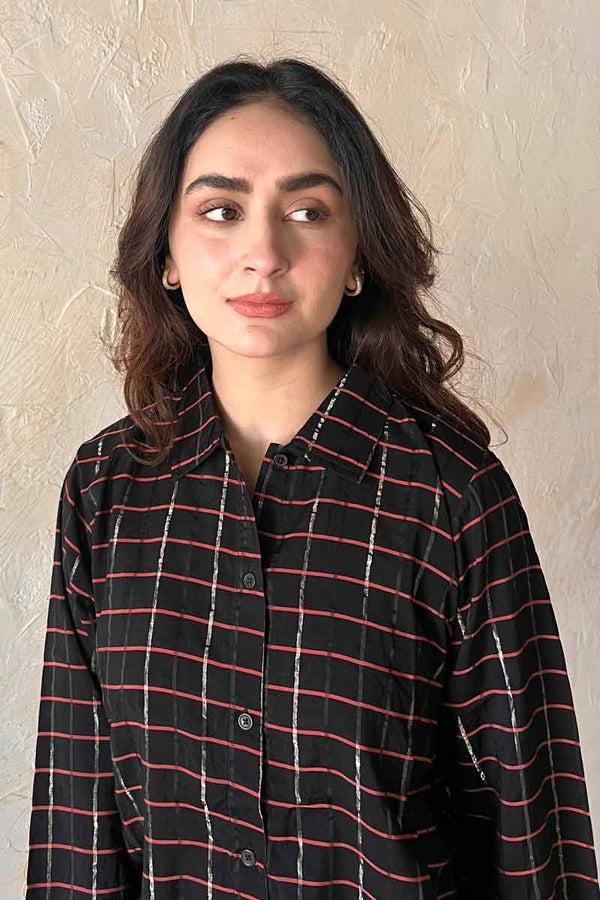 elo East West Women's Check Design Button Down Casual Shirt Black