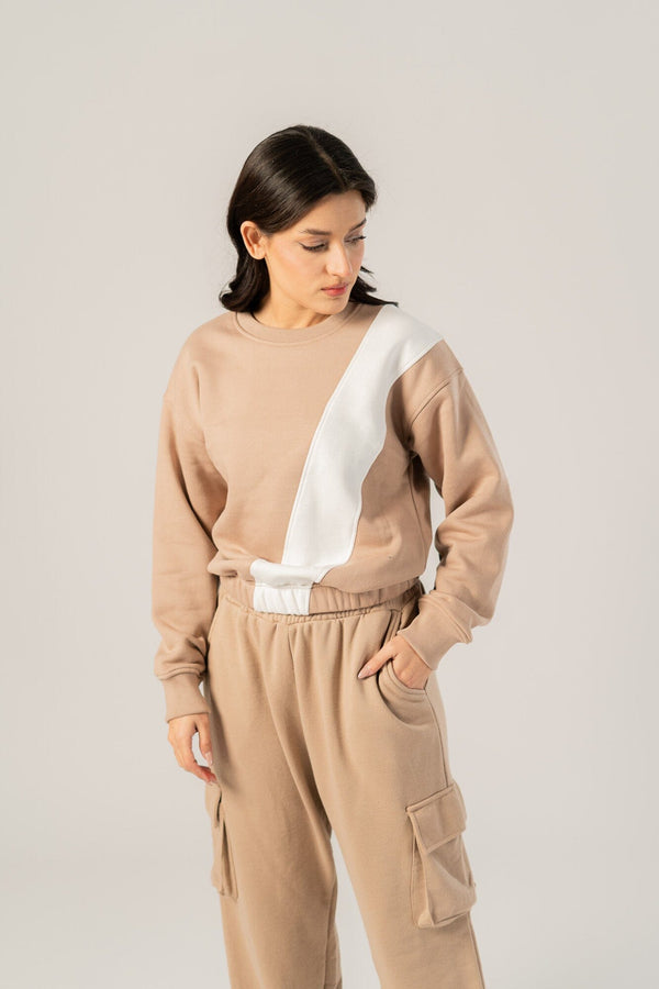 elo East West Women's Contrast Panel Fleece Sweat Shirt Camel & White