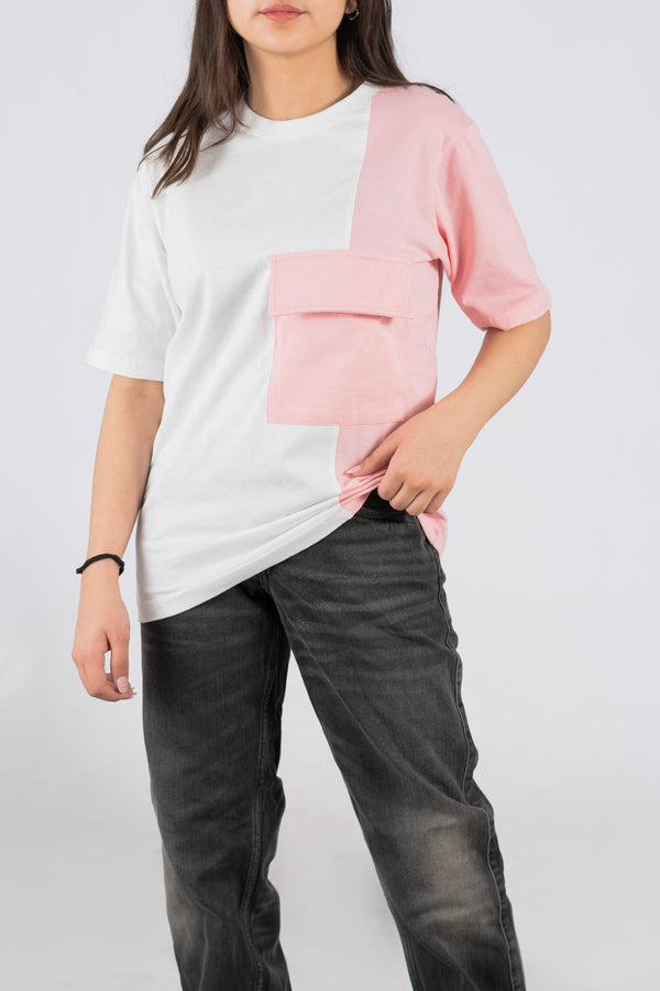 elo East West Women's Contrast Panel Short Sleeve Tee Shirt White & Pink
