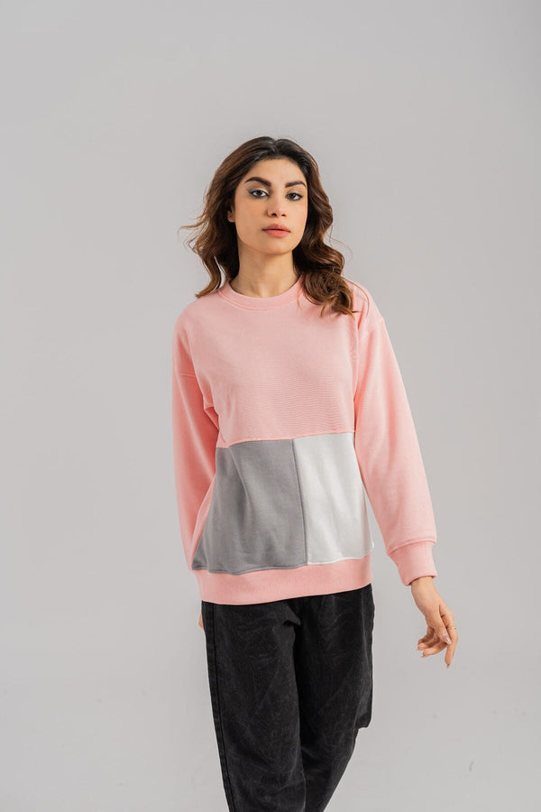 elo East West Women's Contrast Panel Terry Sweat Shirt Pink & Stealth Grey