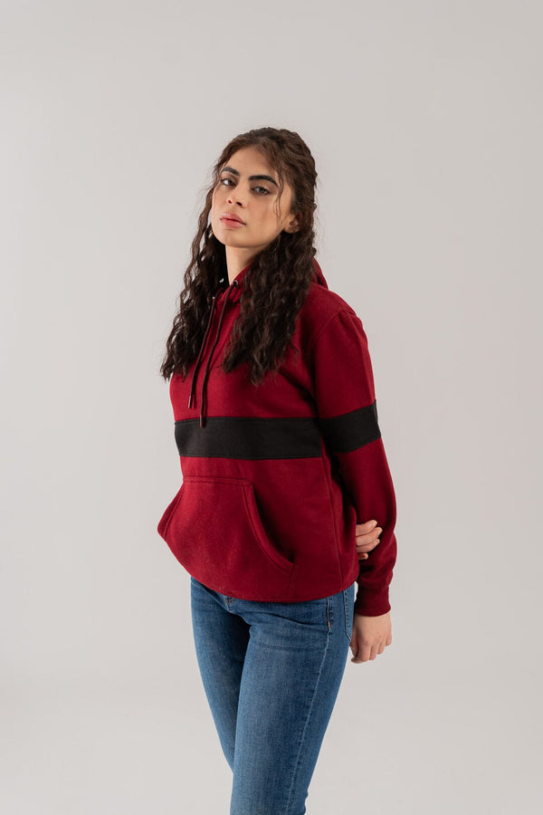 Elo East West Women's Contrast Sleeves Fleece Pullover Hoodie Maroon & Black