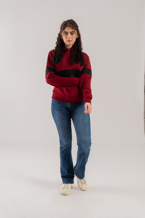 Elo East West Women's Contrast Sleeves Fleece Pullover Hoodie Maroon & Black