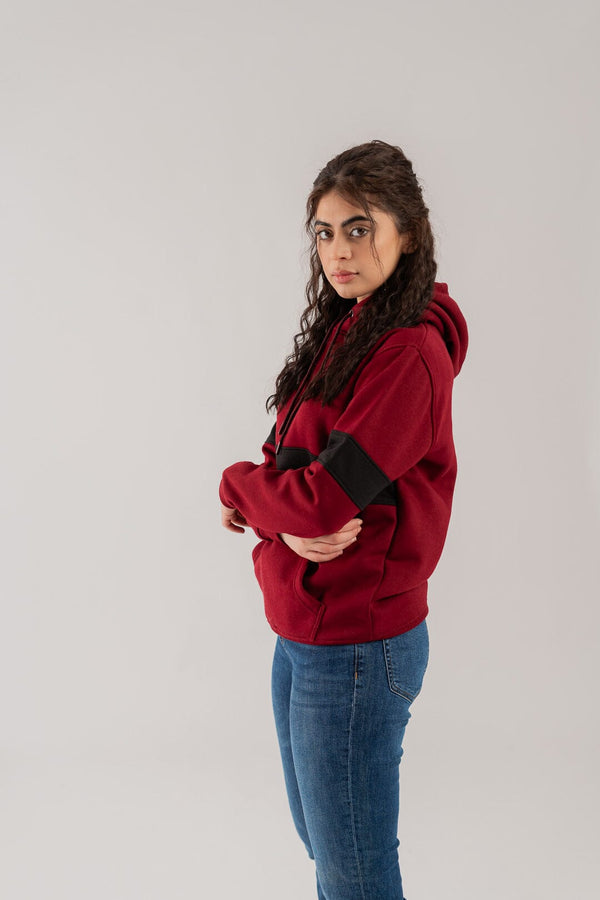 Elo East West Women's Contrast Sleeves Fleece Pullover Hoodie Maroon & Black