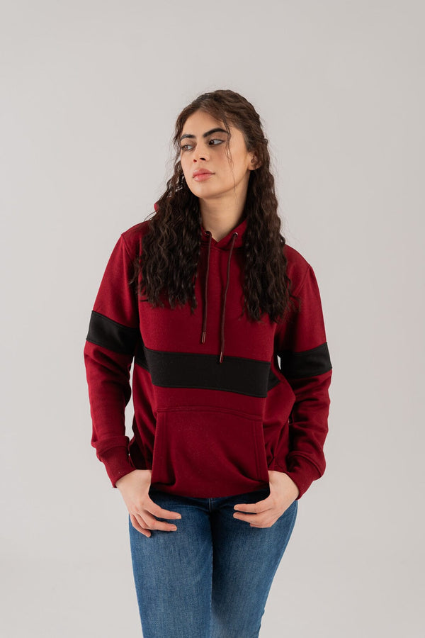 elo East West Women's Contrast Sleeves Fleece Pullover Hoodie Maroon & Black