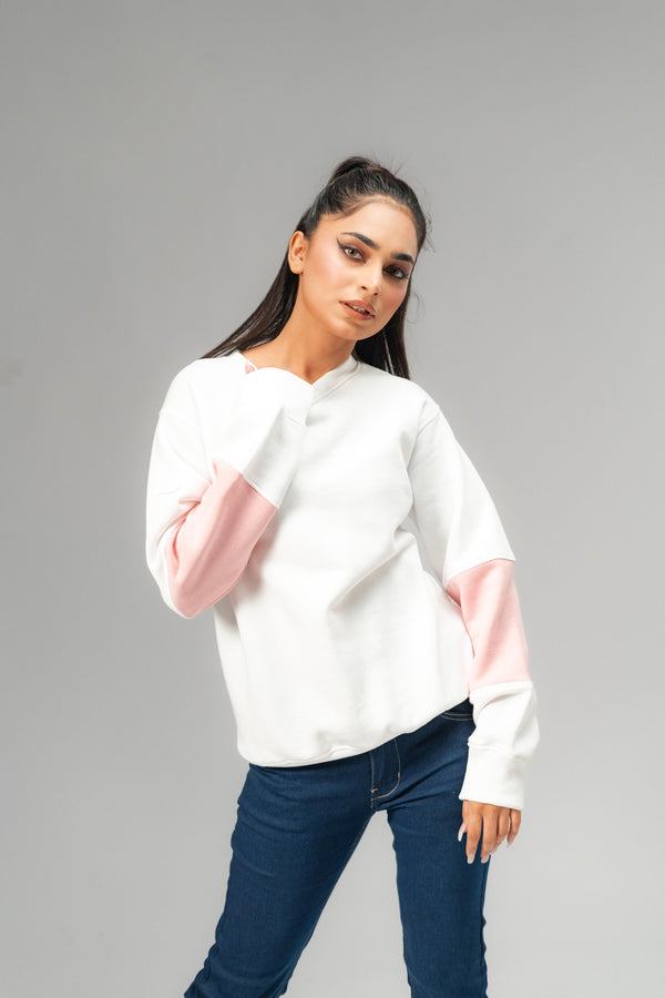 Elo East West Women's Contrast Sleeves Fleece Sweat Shirt White & Sky