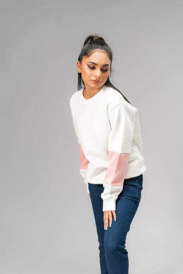 Elo East West Women's Contrast Sleeves Fleece Sweat Shirt White & Sky