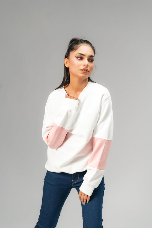 Elo East West Women's Contrast Sleeves Fleece Sweat Shirt White & Sky