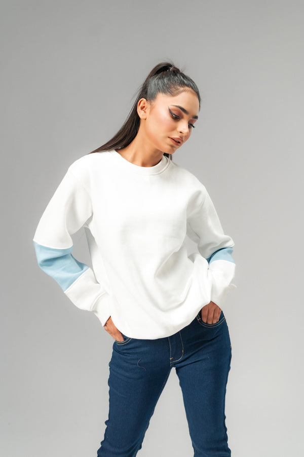 elo East West Women's Contrast Sleeves Fleece Sweat Shirt White & Sky