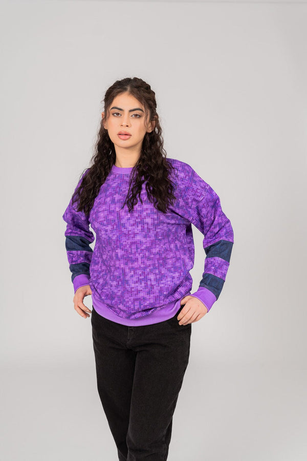 Elo East West Women's Gingham Texture Digital Printed Terry Sweat Shirt Purple