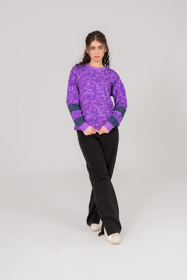 Elo East West Women's Gingham Texture Digital Printed Terry Sweat Shirt Purple