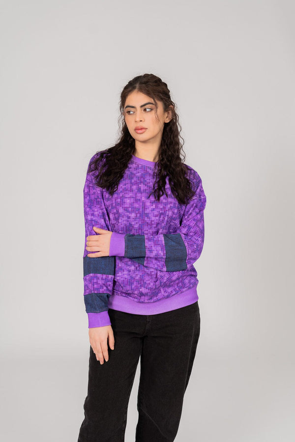Elo East West Women's Gingham Texture Digital Printed Terry Sweat Shirt Purple