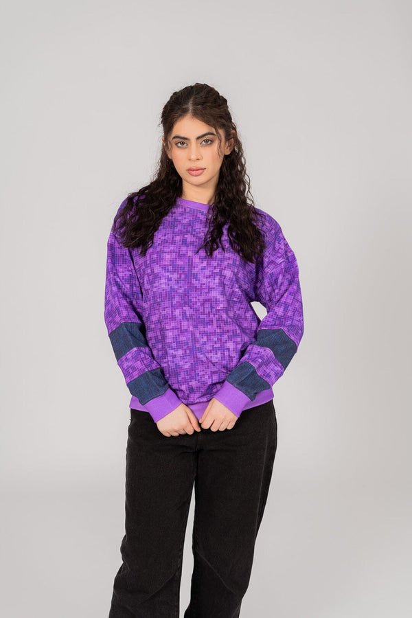 elo East West Women's Gingham Texture Digital Printed Terry Sweat Shirt Purple