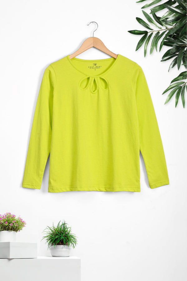 elo East West Women's Key Hole Neckline Long Sleeve Tee Shirt Lime