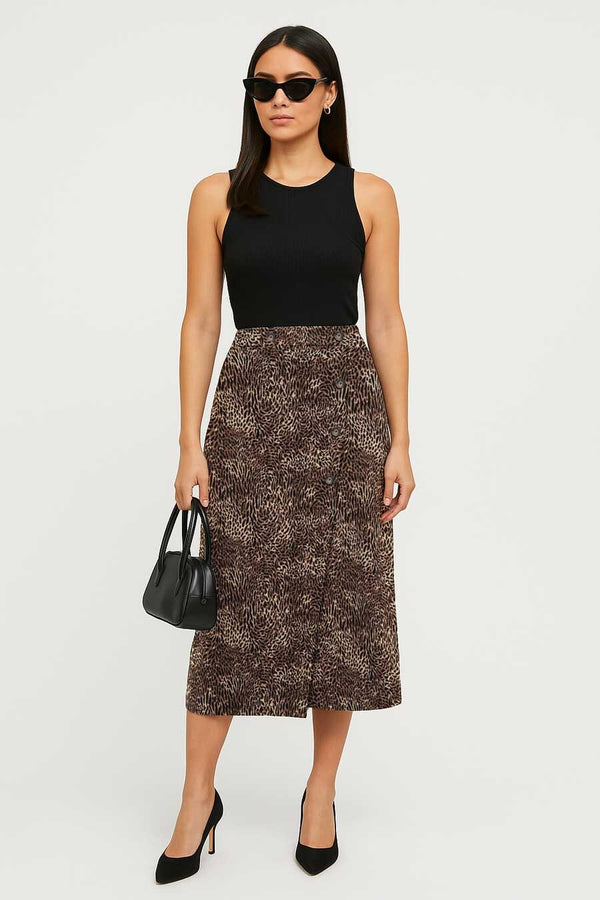 elo East West Women's Leopard Midi Wrap Skirt Brown