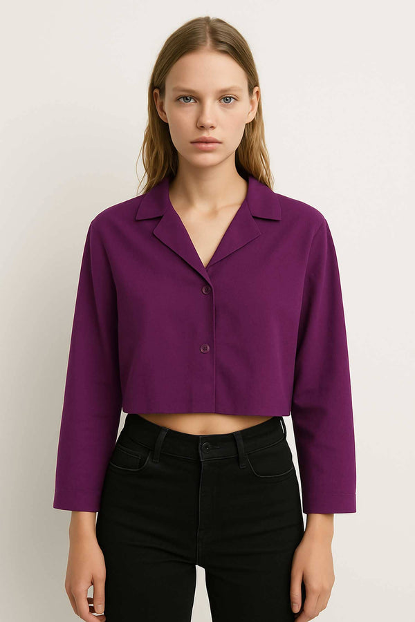 elo East West Women's Notched Collar Cropped Shirt Plum