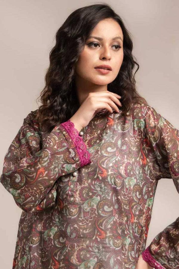 Elo East West Women’s Pearl Placket Style Lawn Kurti Purple & Turquoise