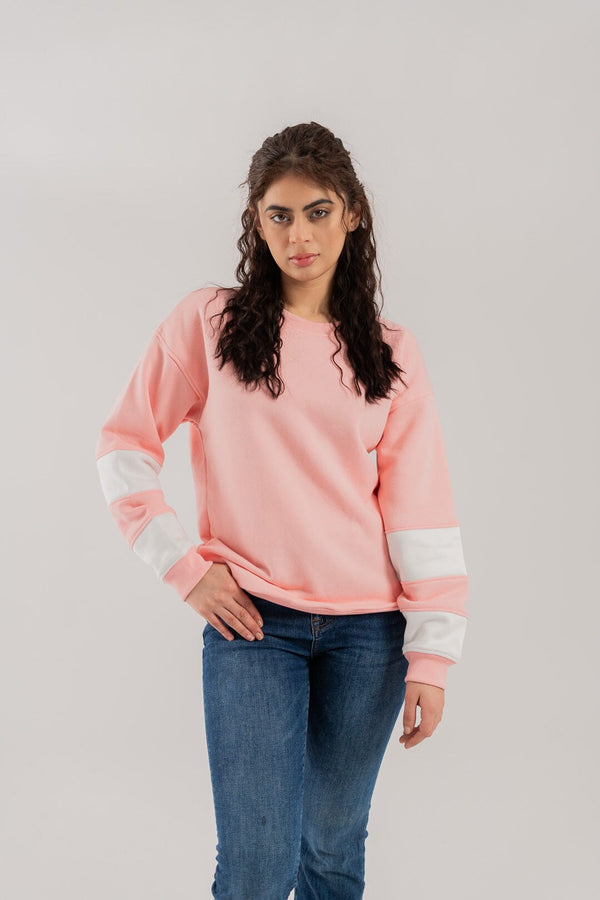 elo East West Women's Premium Contrast Sleeves Fleece Sweat Shirt Pink & White
