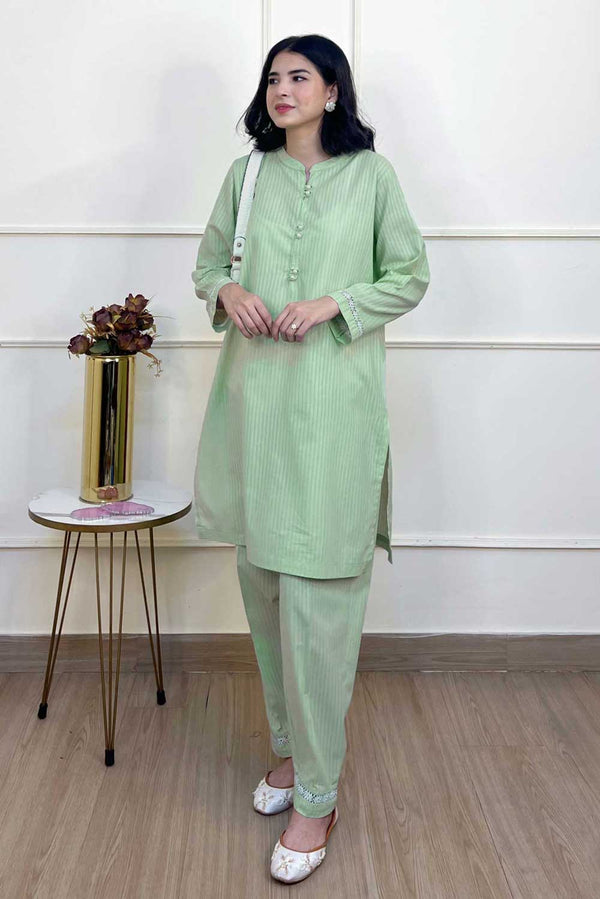 elo East West Women's Self Stripe 2 Pc Stitched Suit Mint Green