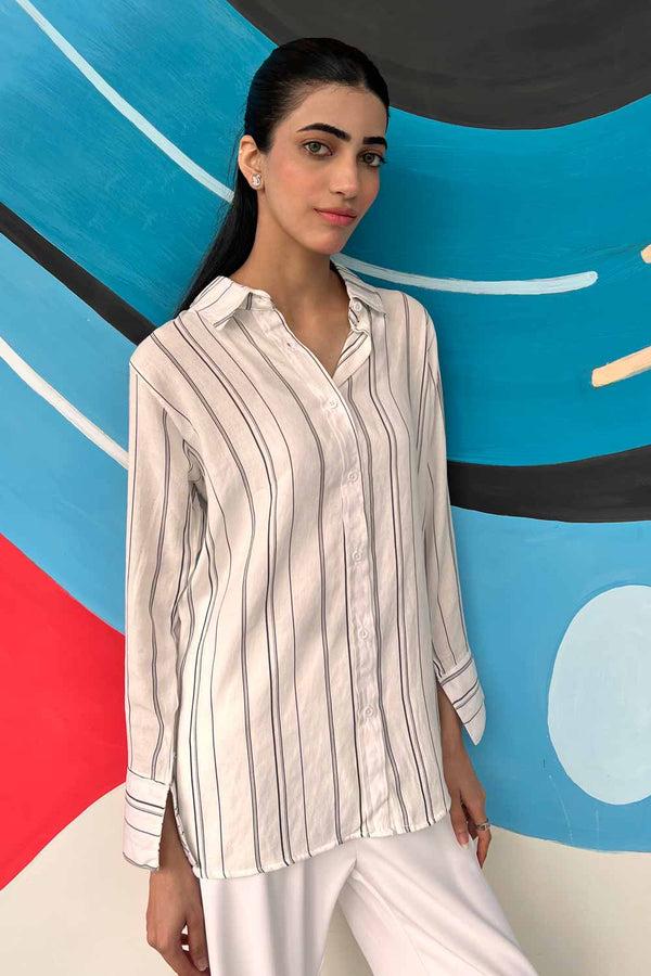 elo East West Women's Striped Casual Shirt White & Black