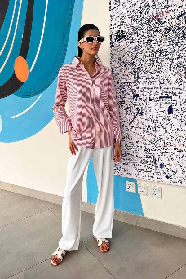 Elo East West Women's Striped Casual Shirt White & Red