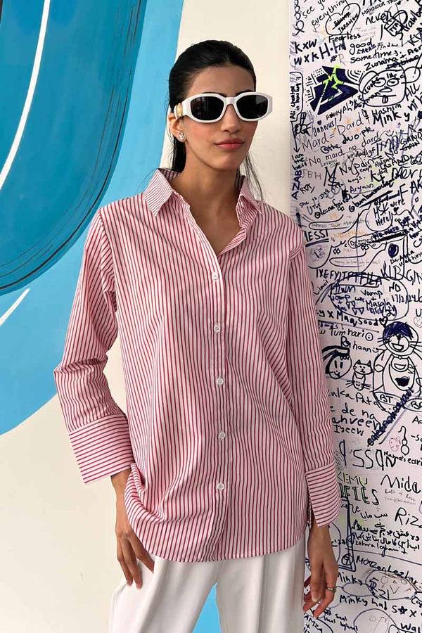 elo East West Women's Striped Casual Shirt White & Red