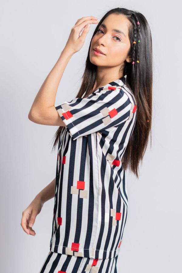 Elo East West Women's Striped Design Co-Ord Set White & Black