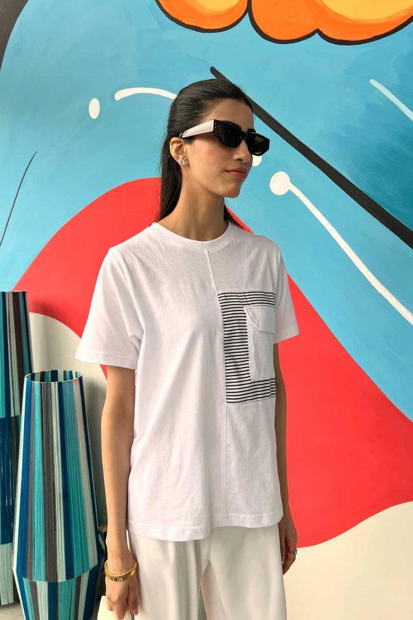 Elo East West Women's Striped Flap Pocket Tee Shirt White