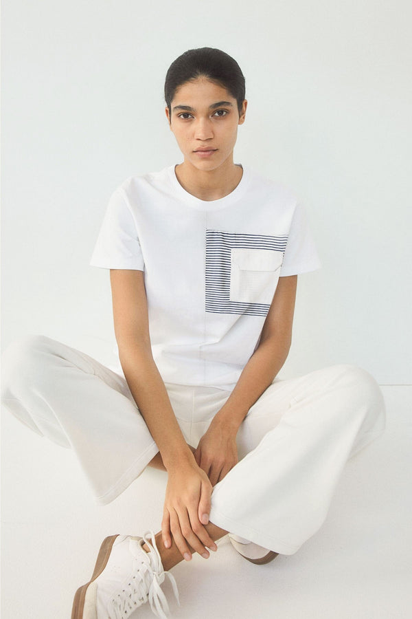 Elo East West Women's Striped Flap Pocket Tee Shirt White