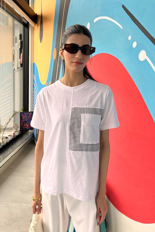 elo East West Women's Striped Flap Pocket Tee Shirt White