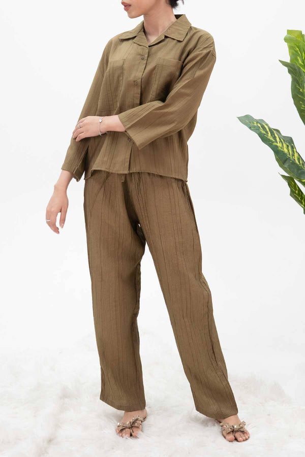 elo East West Women's Textured Co-Ord Set Olive Brown