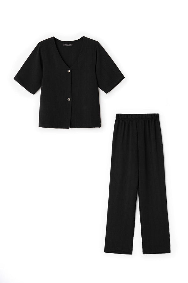 Elo East West Women's V-Neck Textured Co-Ord Set Black