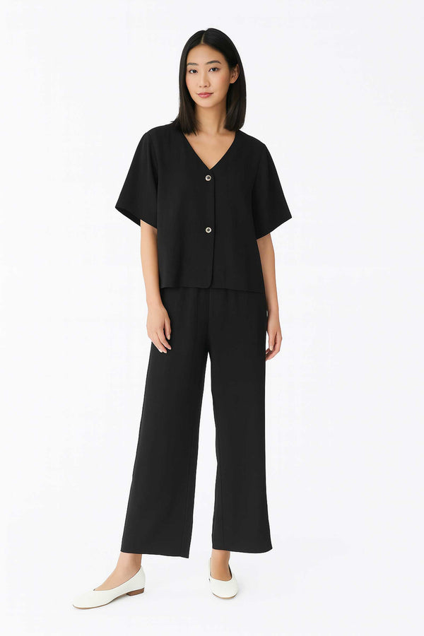 elo East West Women's V-Neck Textured Co-Ord Set Black