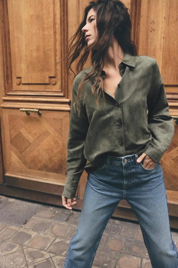 Elo East West Women's Velvet Casual Shirt Dark Olive