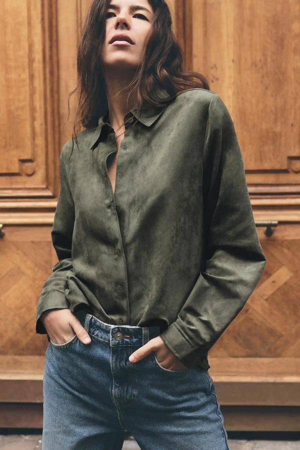 elo East West Women's Velvet Casual Shirt Dark Olive