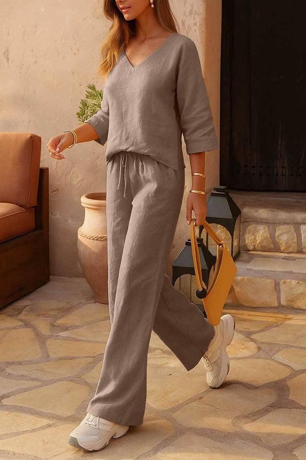 elo East West Women's V-Neck Co-Ord Set Brown