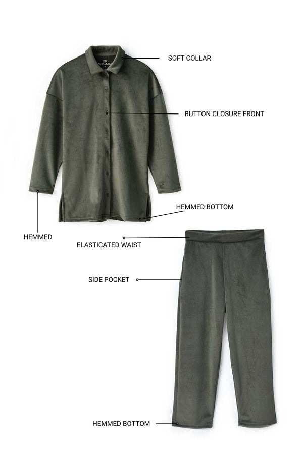 Elo East West Women's Velvet Co-Ord Set Dark Olive