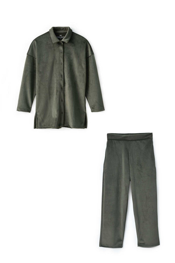 elo East West Women's Velvet Co-Ord Set Dark Olive