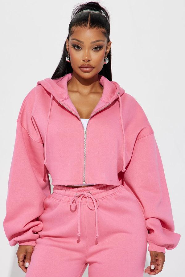 elo FN Women's Fleece Crop Top Zipper Hoodie Pink