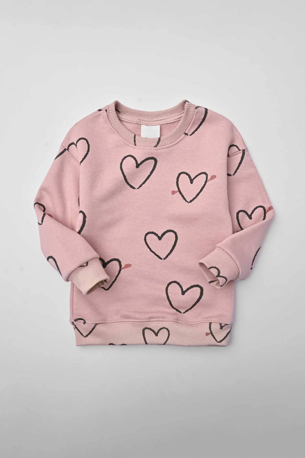 Elo Kid's Heart Printed Terry Sweat Shirt Tea Pink
