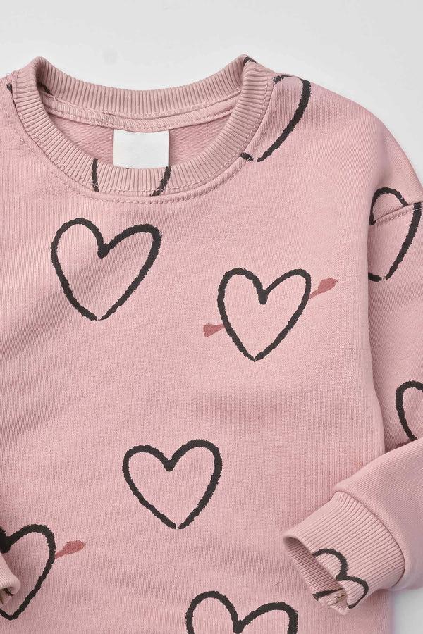 Elo Kid's Heart Printed Terry Sweat Shirt Tea Pink