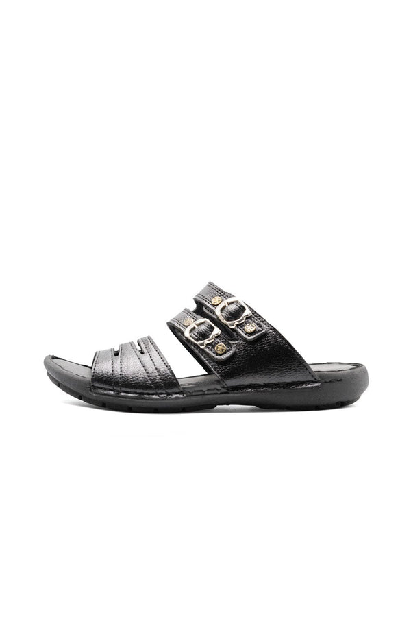 Elo Men's Buckle Straps Leather Slippers Black