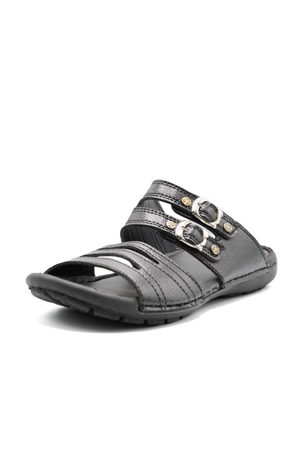 Elo Men's Buckle Straps Leather Slippers Black