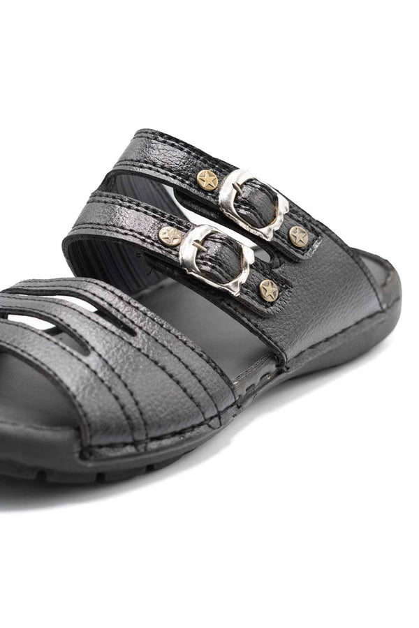 Elo Men's Buckle Straps Leather Slippers Black