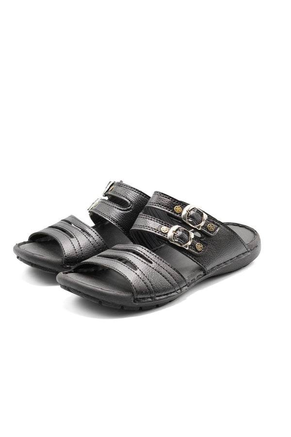 elo Men's Buckle Straps Leather Slippers Black